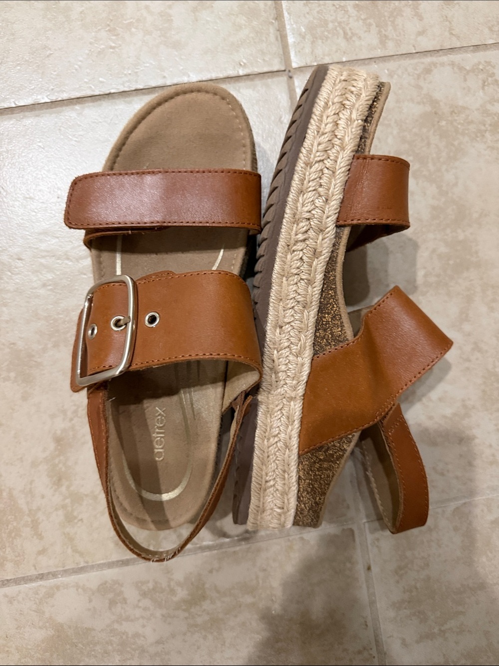 Aetrex Cognac Leather Platform Espadrille Sandals